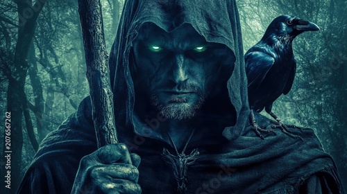 dark sorcerer in forest with raven