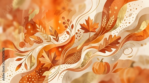Autumn leaves and pumpkins in a swirling abstract design with golden accents on a textured background