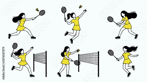 Long hair woman sport playing badminton in various pose icon collection 