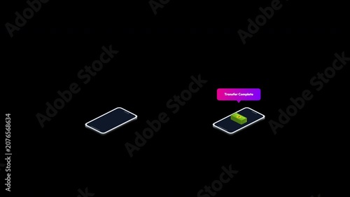 mobile cash transfer animation with banknotes flying between smartphones on transparent alpha channel background
