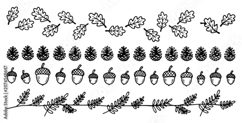 Autumn nature borders with oak leaves pine cones acorns and branches in minimalist line art style