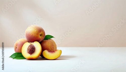 Fresh Peaches on Cream Background