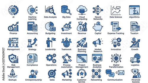 Business and finance line icons set With Concepts like Profit, Losses, Stock, Tax, Exchange, Budget, Funds, Earnings, Money and Revenue icons
