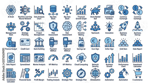 Business and finance line icons set With Concepts like Profit, Losses, Stock, Tax, Exchange, Budget, Funds, Earnings, Money and Revenue icons
