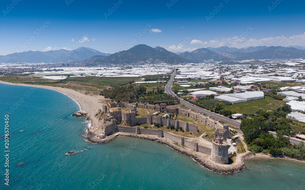 Obraz premium Spectacular Aerial Photograph of Mamure Castle in Anamur Mersin Turkey, One of the Best Preserved Medieval Fortresses on the Mediterranean Coast
