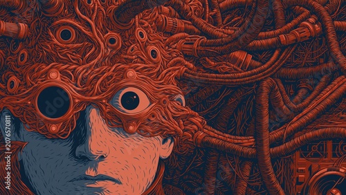 Surreal dark red illustration of face consumed by fleshy biomechanical cables and eyes.