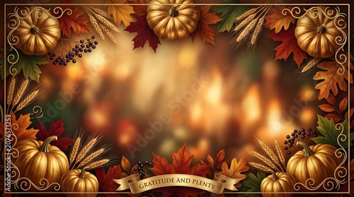 Golden pumpkins and leaves on a blurred autumn background with a banner that reads gratitude and plenty