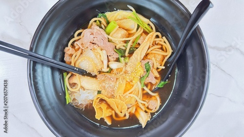 Mala Spicy Noodle Soup Black Bowl Top View, Chinese Hot Pot Food Photography, Mala Tang self serve