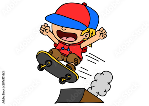 Cartoon Boy Riding Skateboard Performing an Ollie Trick