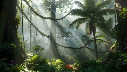 T-rex skeleton in lush jungle environment