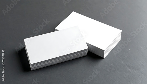 Two stacks of blank white business cards for branding identity presentation on dark grey textured surface