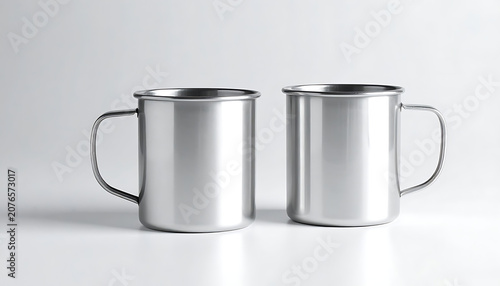 Two empty polished stainless steel camp mugs sitting side by side, kitchenware metal texture, drinking vessel mockup, household equipment