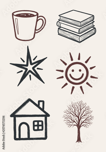 A collection of hand-drawn doodle icons including a coffee mug, books, a star, a smiling sun, a house, and a bare tree on a light background