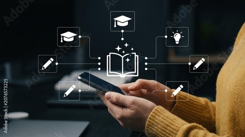 User holding smartphone to navigate digital education system with graduation and book icons, online learning interface, academic Technology modern technology business concept
