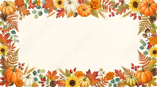 Autumn themed frame with pumpkins, leaves, and flowers on beige background