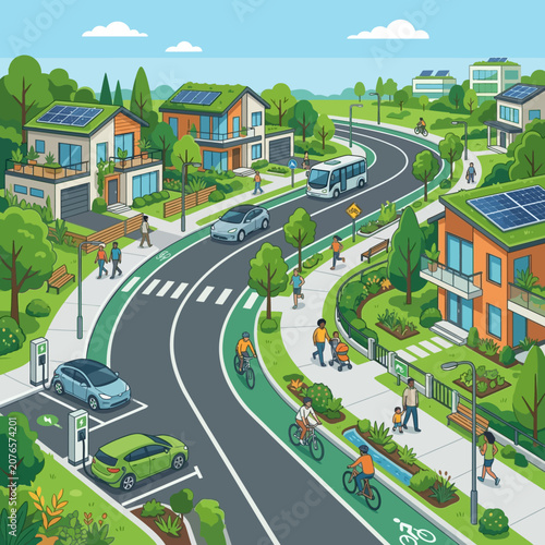 Eco-friendly neighborhood with sustainable homes, electric cars, and cycling paths.