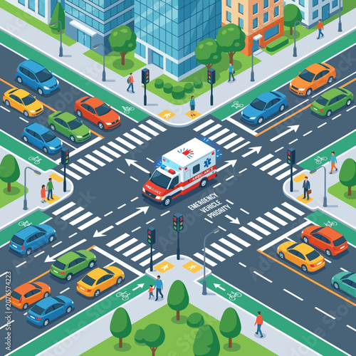 Emergency Ambulance in City Traffic Intersection, Priority Vehicle