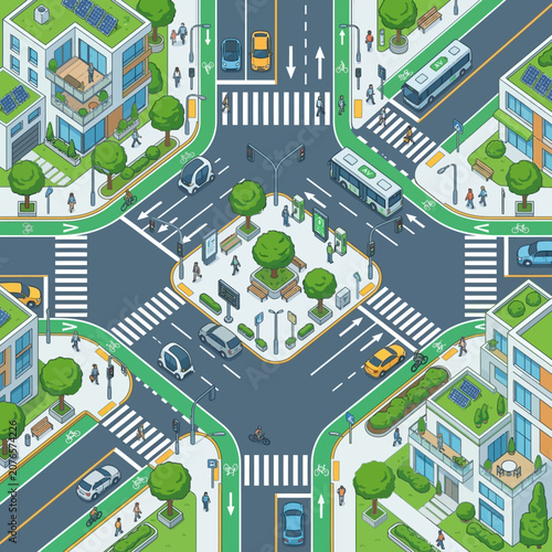 Eco-friendly urban intersection with smart transport, green buildings, and pedestrians