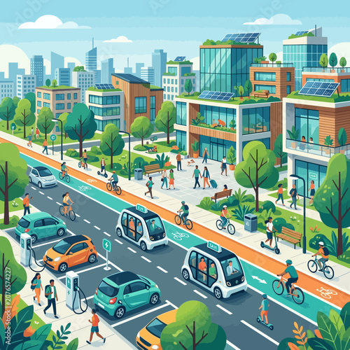 Eco-friendly modern city with sustainable transport and green buildings