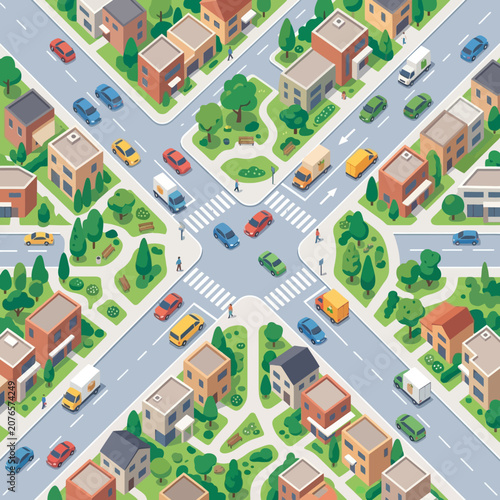 Isometric City Crossroads with Buildings, Cars, and Green Spaces