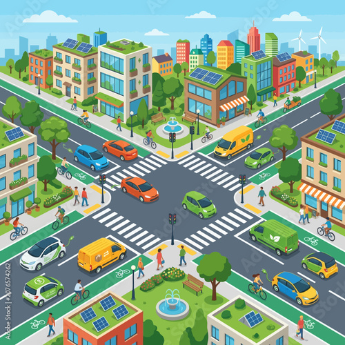 Green Cityscape with Eco-Friendly Transport and Buildings