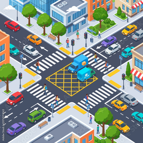 Isometric City Intersection with Cars, Pedestrians, and Buildings