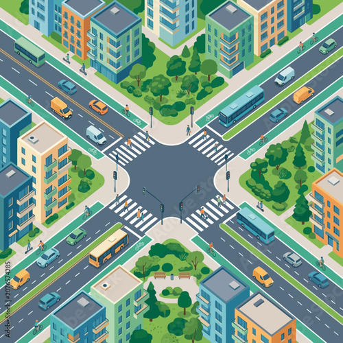 Isometric City Crossroads with Traffic and Pedestrians
