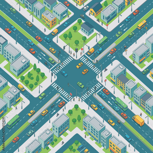 Isometric City Intersection with Traffic and Buildings