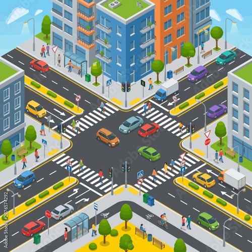 Isometric City Intersection with Cars, Pedestrians, and Buildings