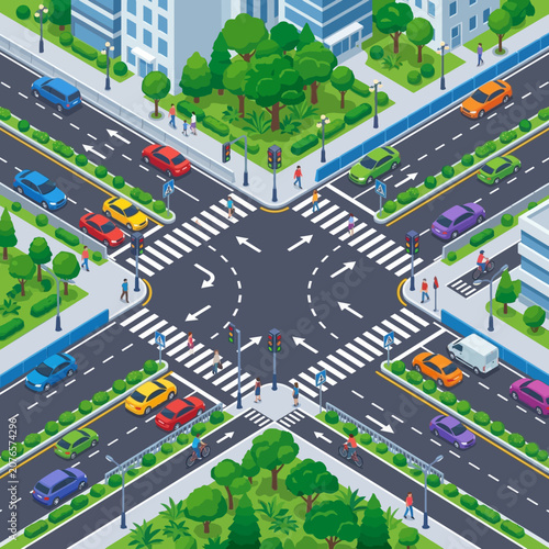 Isometric City Intersection With Traffic, Cars, Pedestrians, And Trees
