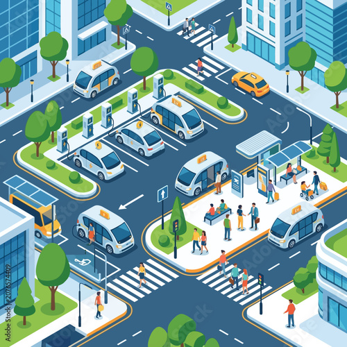 Modern City Transport Hub: Electric Taxis, Bus Stop, Pedestrians, Isometric View