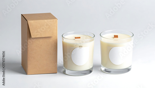 Two glass soy candles with wooden wicks and empty white labels next to a cardboard box