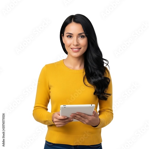 Beautiful young woman in yellow sweater holding white digital tablet computer.