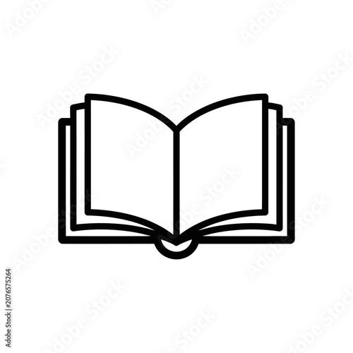 A black line art illustration of an open book
