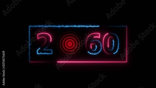2060 years neon bright number text radio wave red color 4k illustration. New year celebration number. Black background 4k illustration.