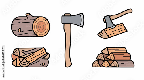 Konstfotografi Vector illustration bundle of firewood, wooden logs, axe and chopping block in clean cartoon style isolated on white background