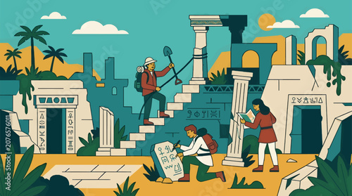 Konstfotografi Flat 2D Vector Illustration of Archaeologists Discovering Ancient Ruins in a Jun