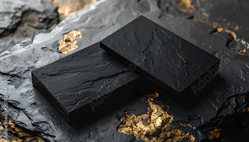 Two matte black rectangular cards resting on dark textured stone surface with metallic gold mineral inclusions and glitter particles