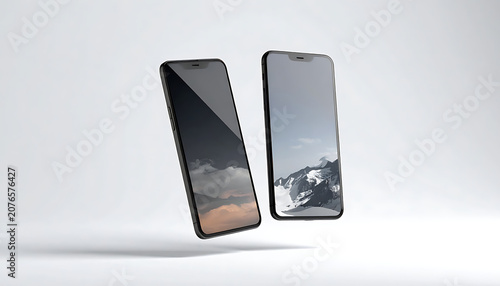 Two modern smartphones floating in midair for mobile app interface presentation, digital display, screen mockup