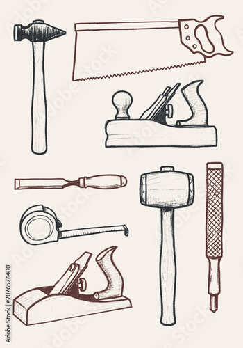 Assortment of woodworking hand tools like hammers, saws, and planes, depicted in a hand-drawn sketch style on a light background