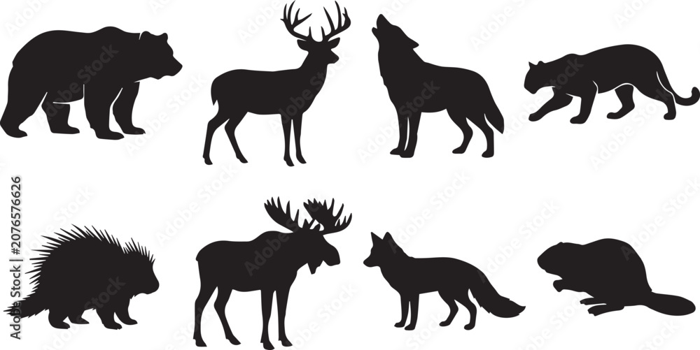 Obraz premium Vector collection of black forest animal silhouettes featuring bear deer and wolf on white background