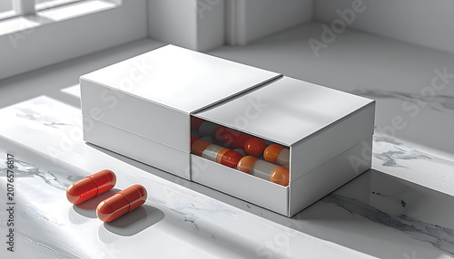 two orange medical capsules lying next to an open white pill box filled with medicine doses