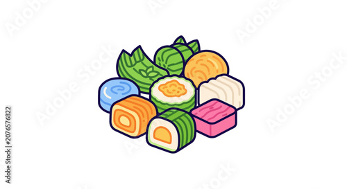 Colorful sushi pieces on plate.