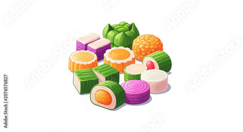Colorful sushi pieces arranged together.