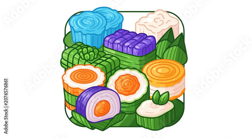 Colorful sushi rolls on green leaves.