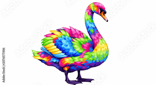 Colorful swan standing on ground.