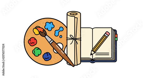 Colorful paintbrush on palette and notebook.
