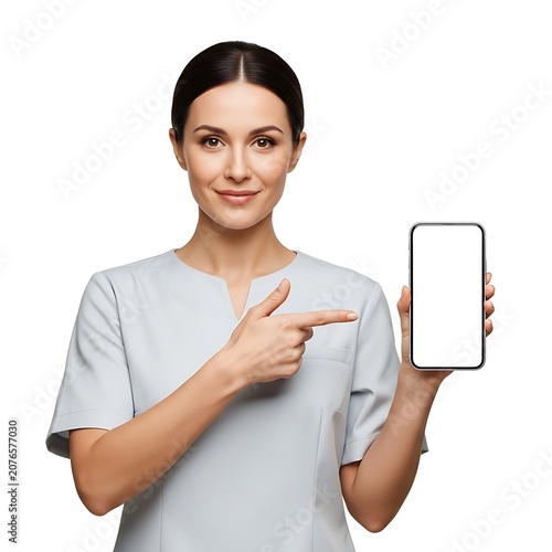 Medical professional woman pointing at blank smartphone screen mockup.