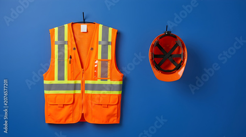 Orange safety vest and hard hat hanging on blue wall.