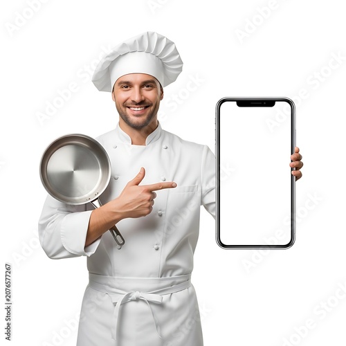 Professional chef showing blank mobile screen on white studio background.